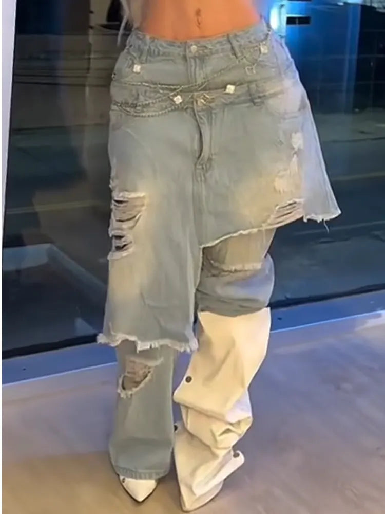 Women Patchwork Ripped Casual Jeans