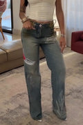 Women's Rhinestone Washed Water Printed Casual Jeans
