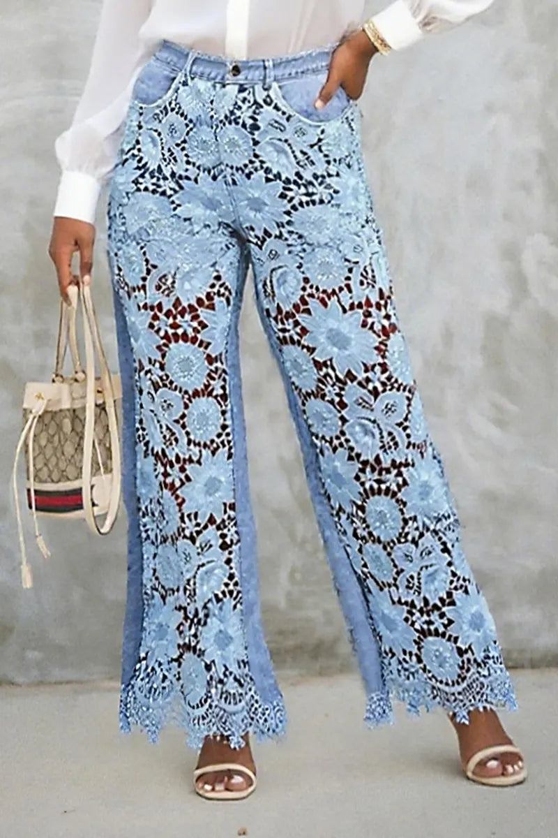 Ladies Distressed Denim With Lace Panel Details