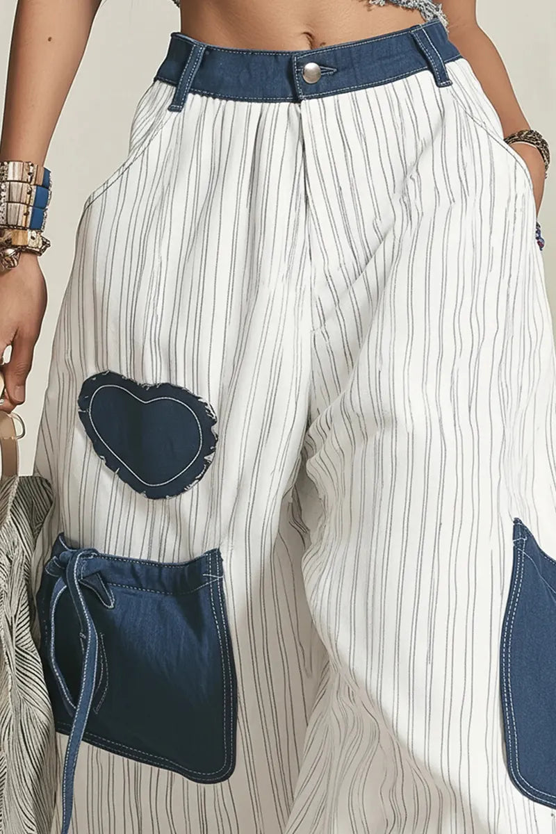 Women's Casual Color Blocked Wide Leg Jeans With Pockets And Drawstring
