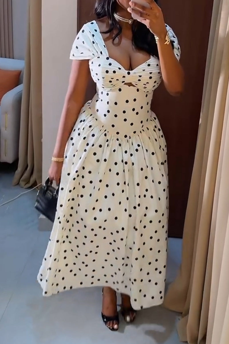 Women's Vacation Waist Cinching Pleated Polka Dot Maxi Dress
