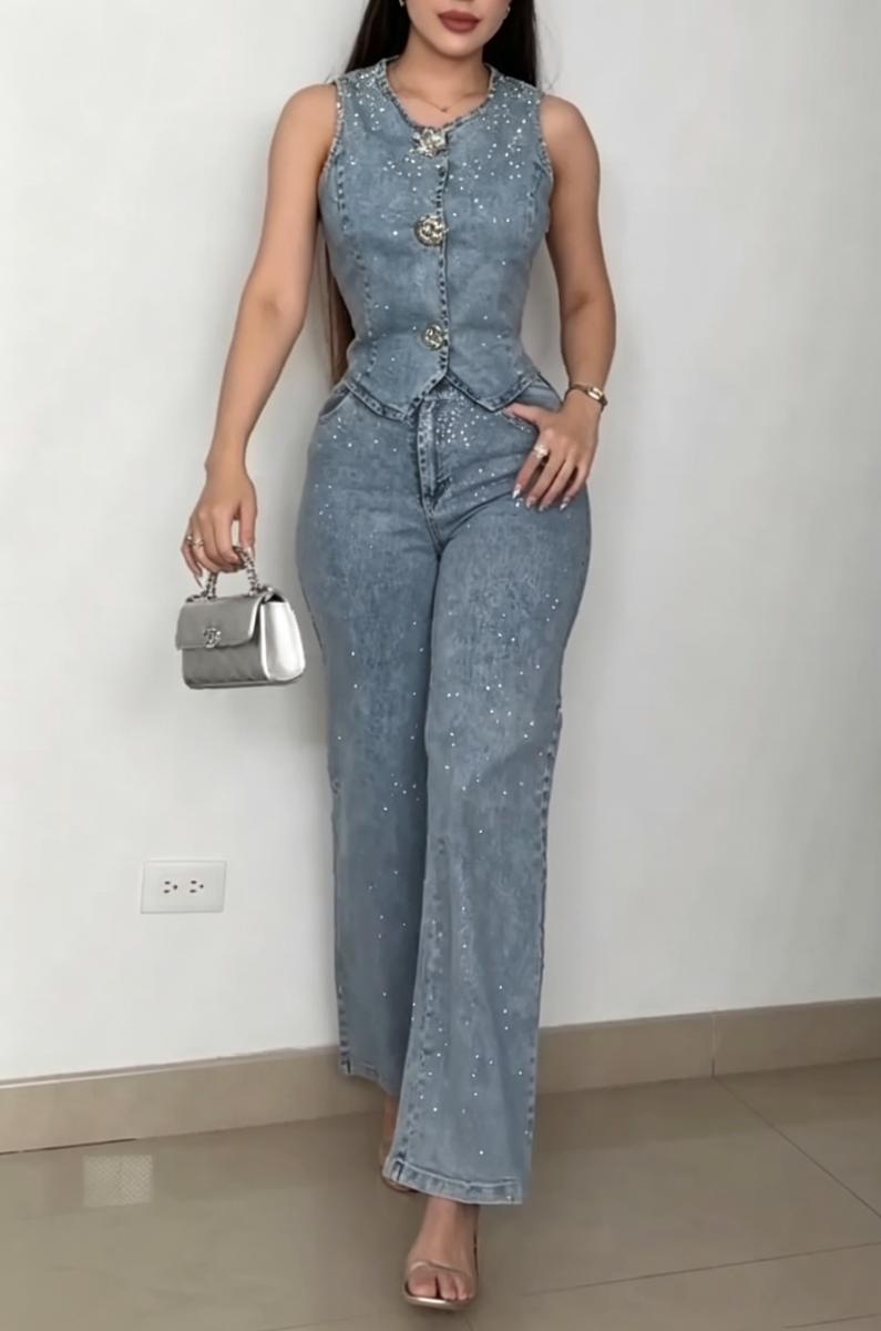 Women's Round Neck Sleeveless Rhinestone Denim Top or Jeans