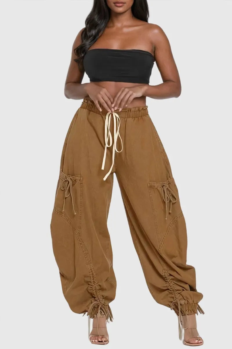 Women's Asymmetrical Utility Pants with Patchwork & Adjustable Ankle Straps