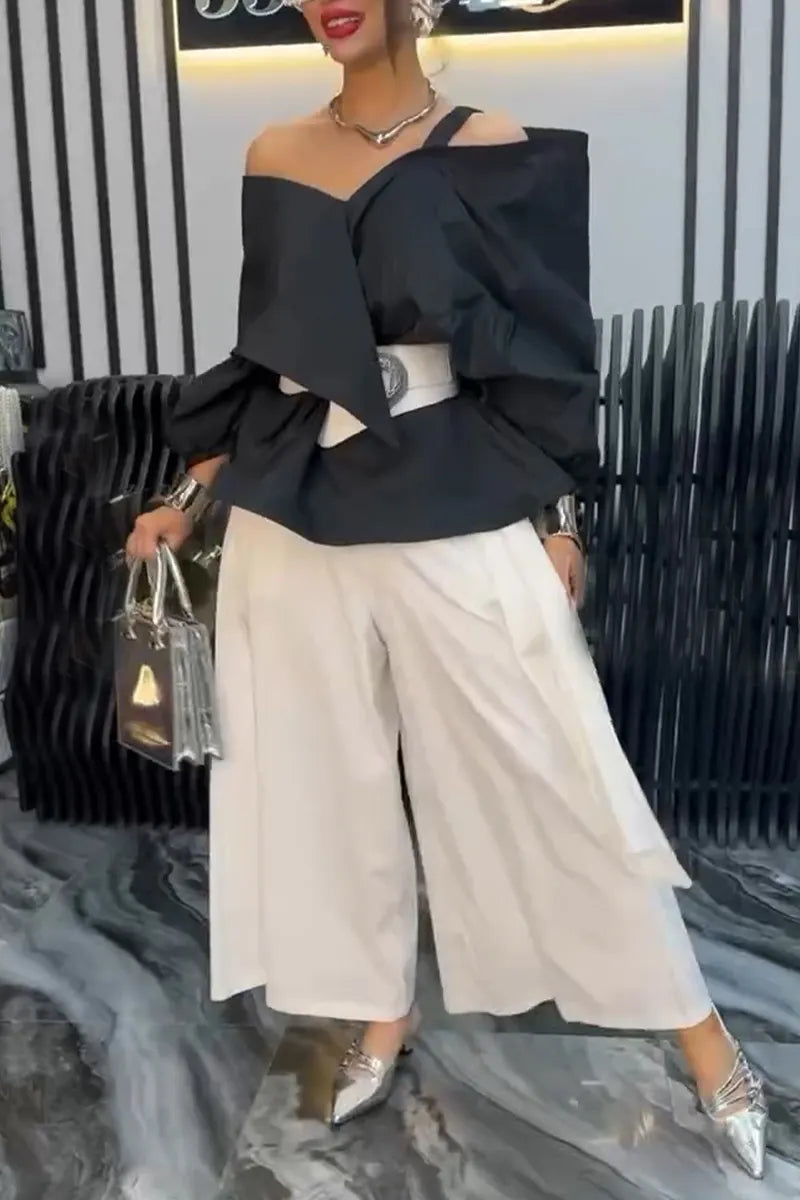 Women's Elegant and Casual Irregular Patchwork Tops or Wide Leg Pants