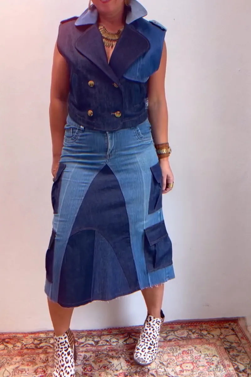 Women's Casual Color Block Cargo Pocket Denim Skirt