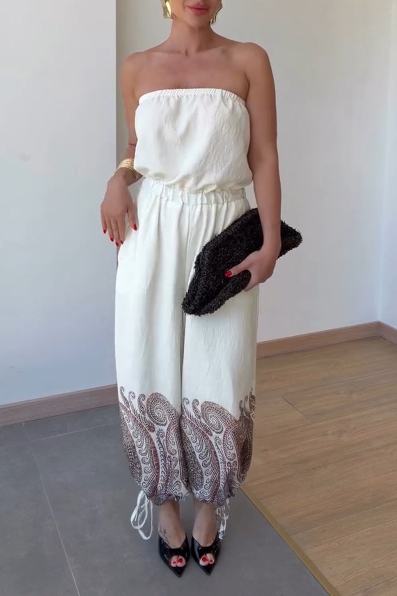 Women's Casual Strapless Elastic Cuff Pattern Print Jumpsuit