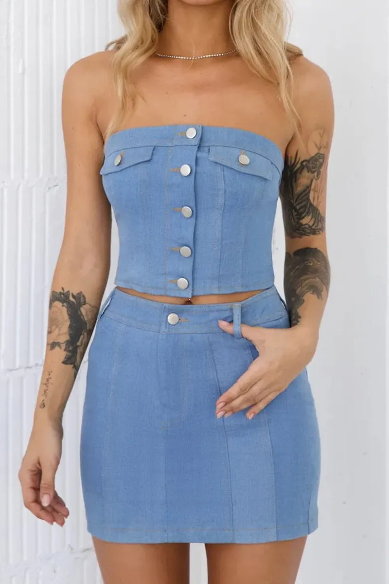 Women's Strapless Button Up Top Or  Short Denim Skirt