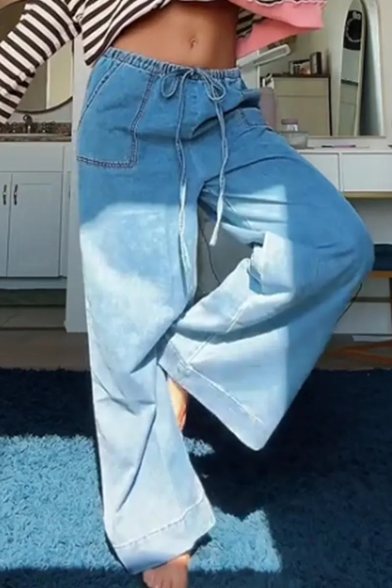 Women's Casual Wide Leg Denim Pants With Elastic Waist And Pockets