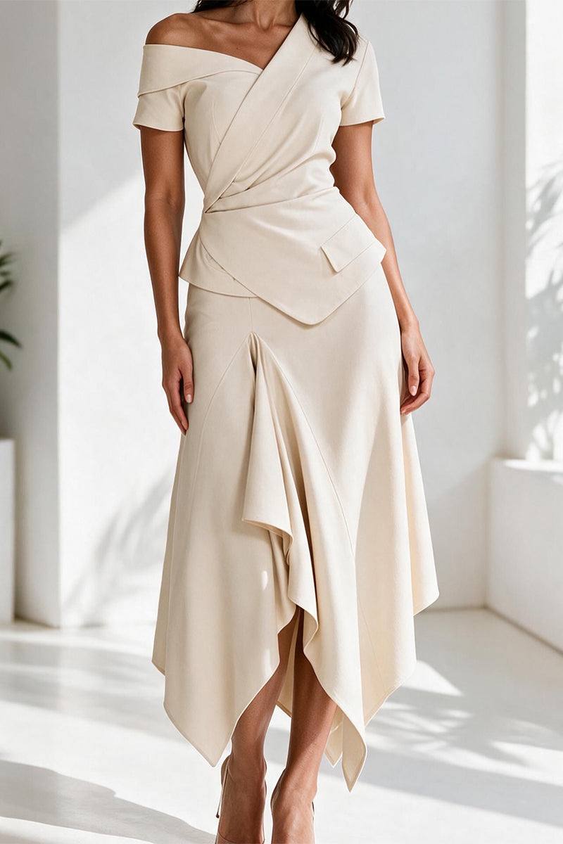 Women's Elegant Commuter Lapel Top Asymmetric Hem Skirt Two-Piece Set