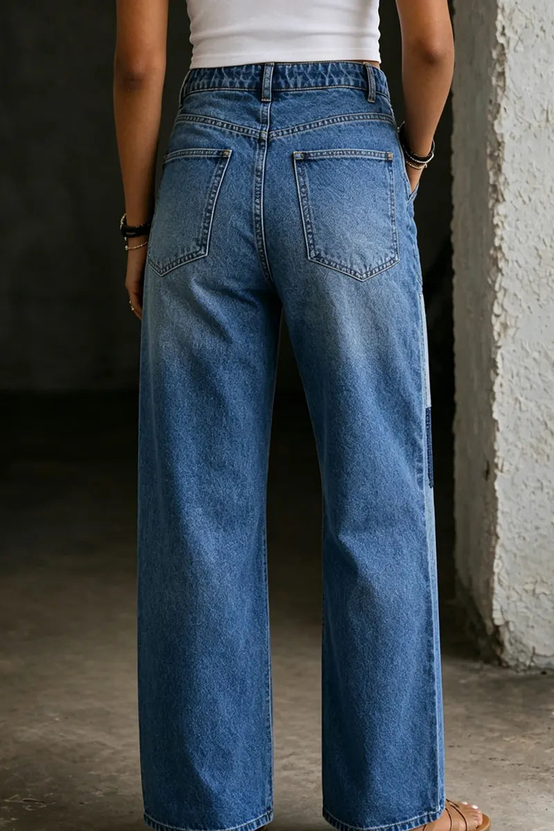 Women High Waist Patchwork Straight Jeans with Braided Drawstring
