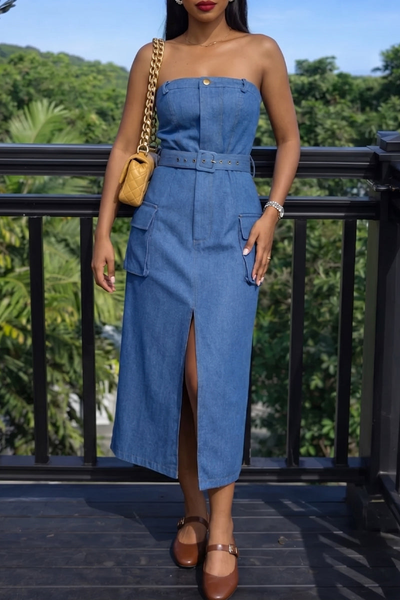 Women's Casual Bustier Cargo Pocket Denim Dress with Belt