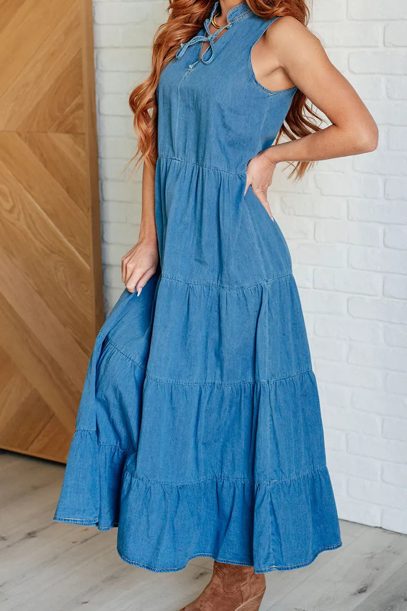 Women's Casual Tie Waist Loose Long Denim Dress