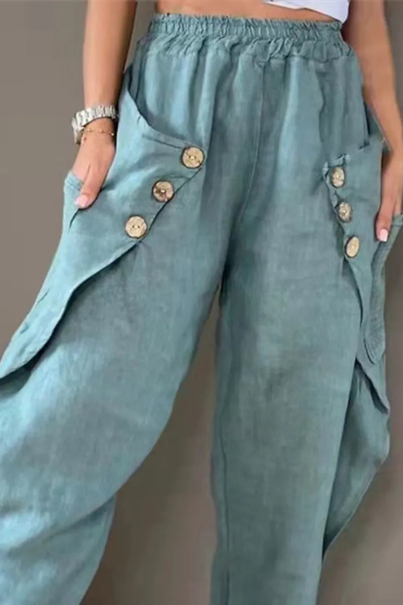 Women's Casual High-Waisted Harem Pants with Asymmetrical Pocket & Rolled Cuffs