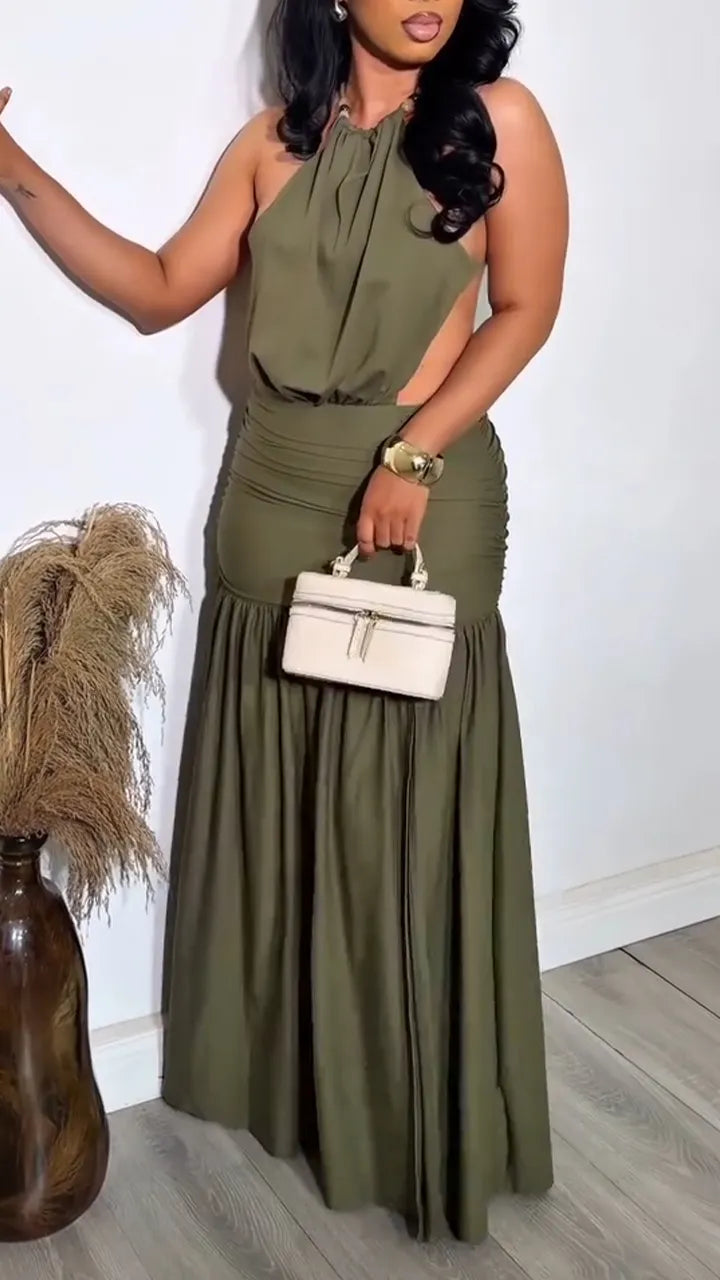 Women Neck Hanging Patchwork Solid Color Sexy Casual Dress