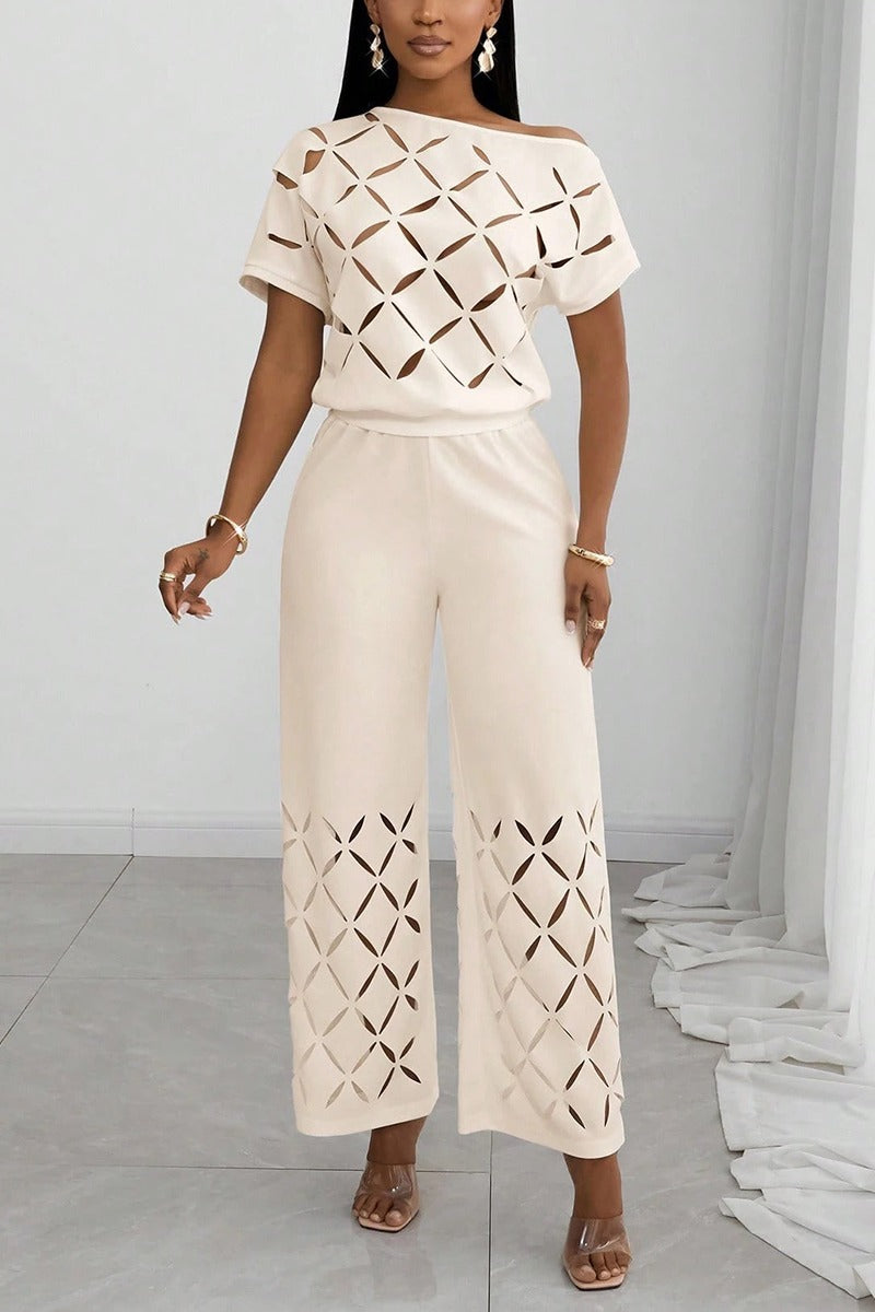 Women's Casual Burnout Pattern Cut-Out Top Pants Two-Piece Set