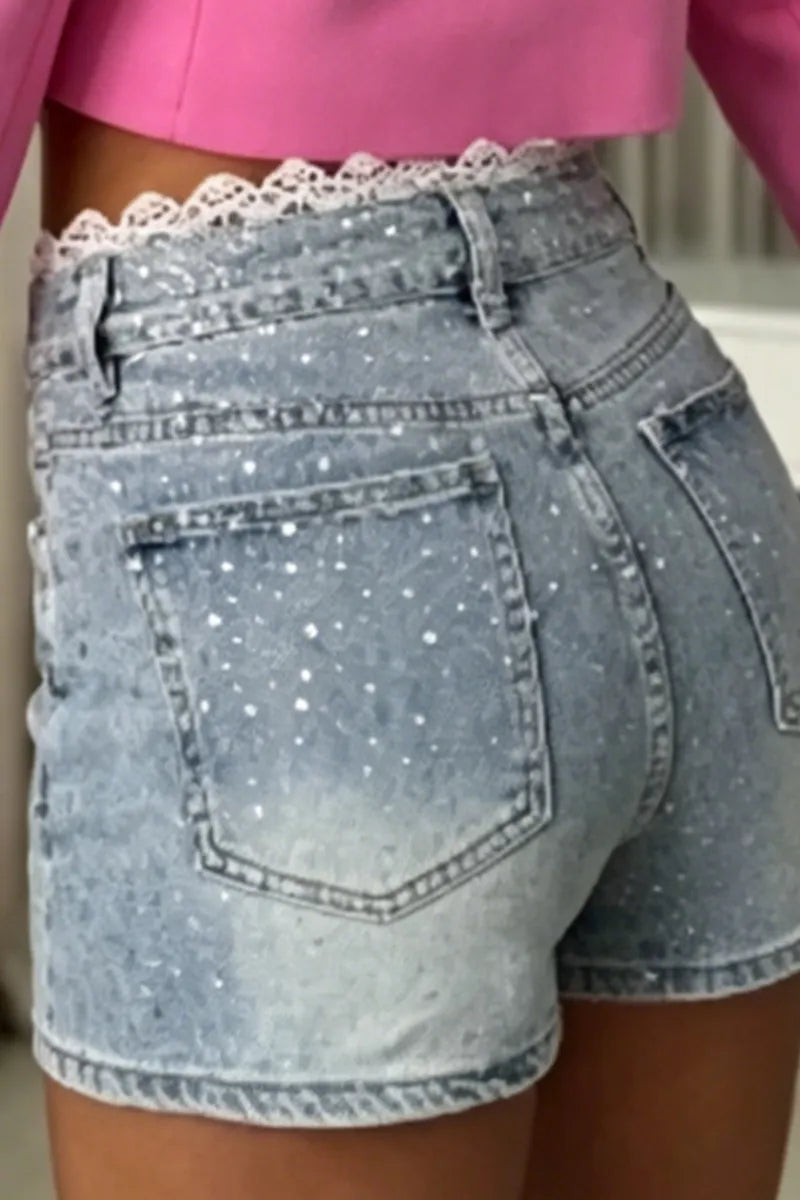 Women's Short Denim Shorts With Rhinestone Accents And Lace Waistband