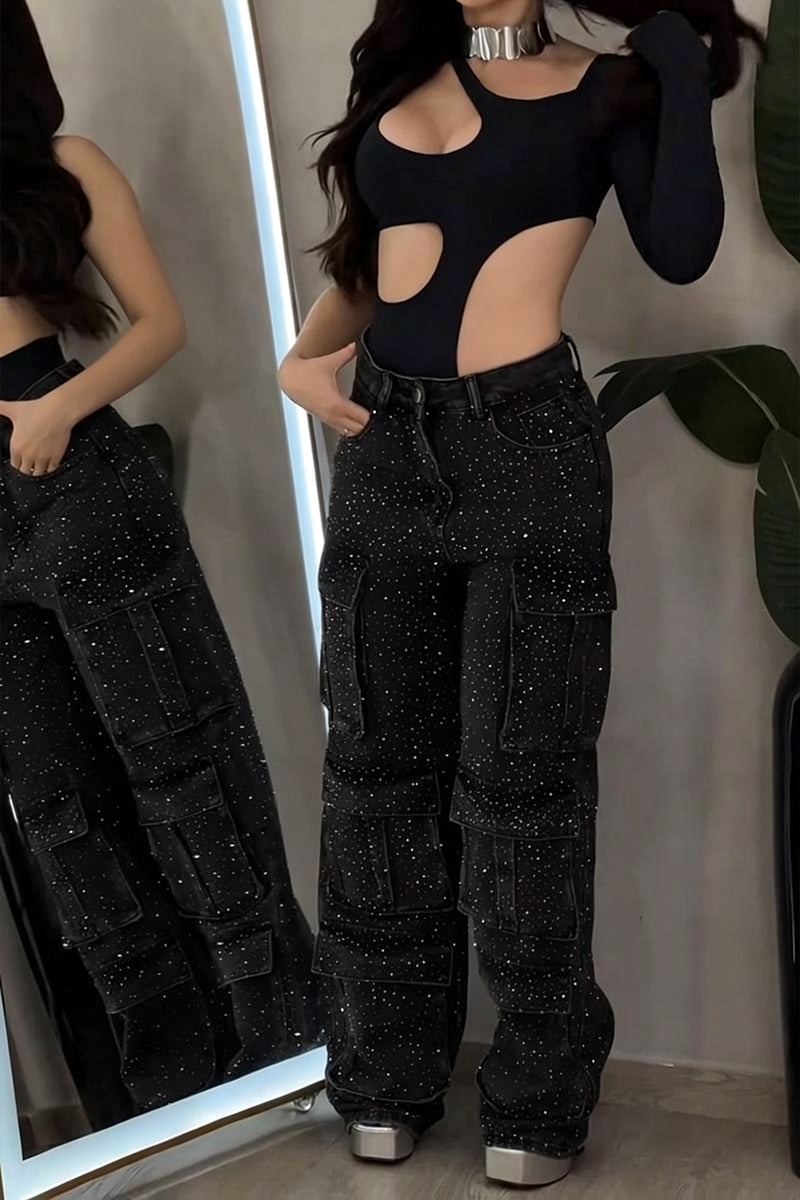 Women's Fashion Shiny Rhinestone Cargo Jeans
