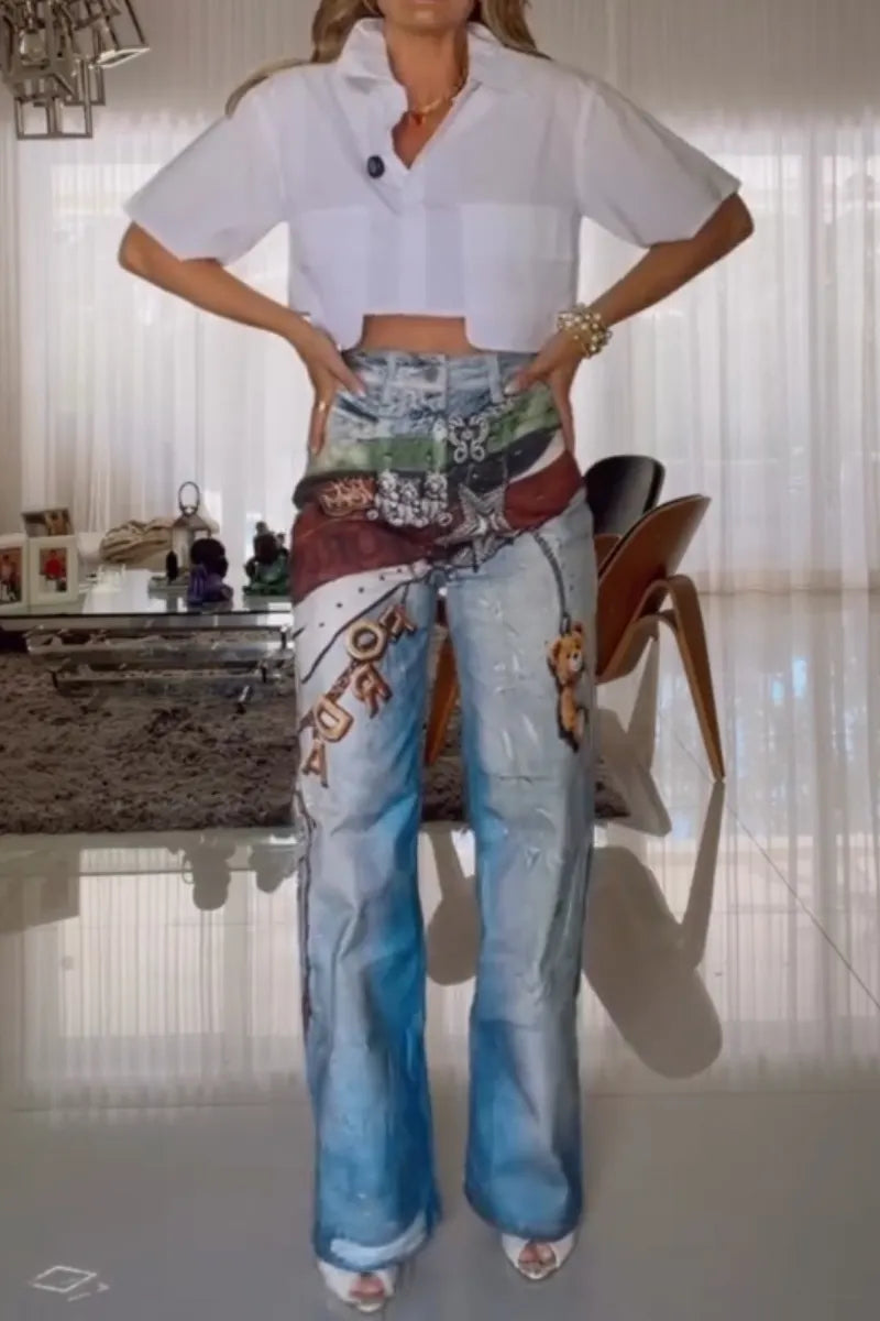 Women Printed Washed Water Casual Wide Leg Jeans