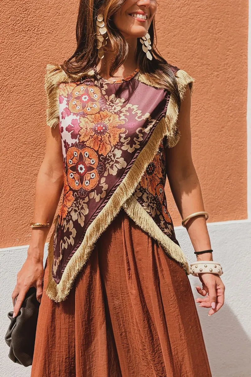 Women Round Neck Printed Patchwork Tassel Irregular Elegant Casual Top