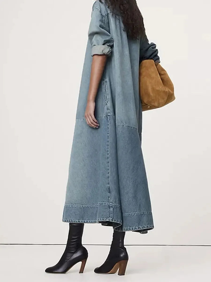 Women's Retro Stylish Casual Denim Popover Shirt Dress