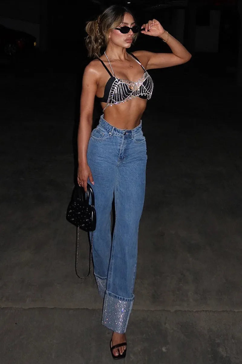 Women's Elegant Crystal High-Waist Jeans
