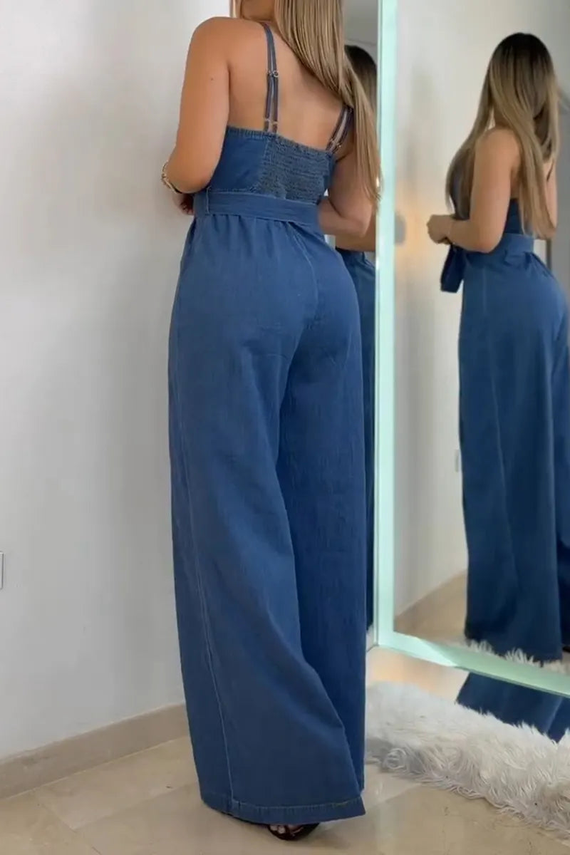 Women's Casual Cami Denim Jumpsuit with Belt