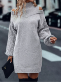 （ In stock）Women Half High Neck Off-Shoulder Long Sleeve Knitted Dress