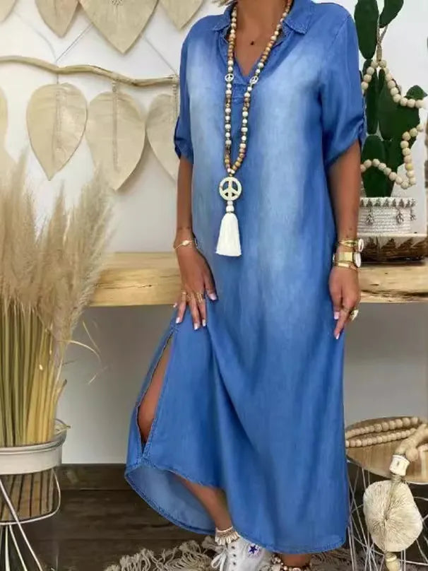 Casual Oversized Shirt Collar Denim Maxi Dress