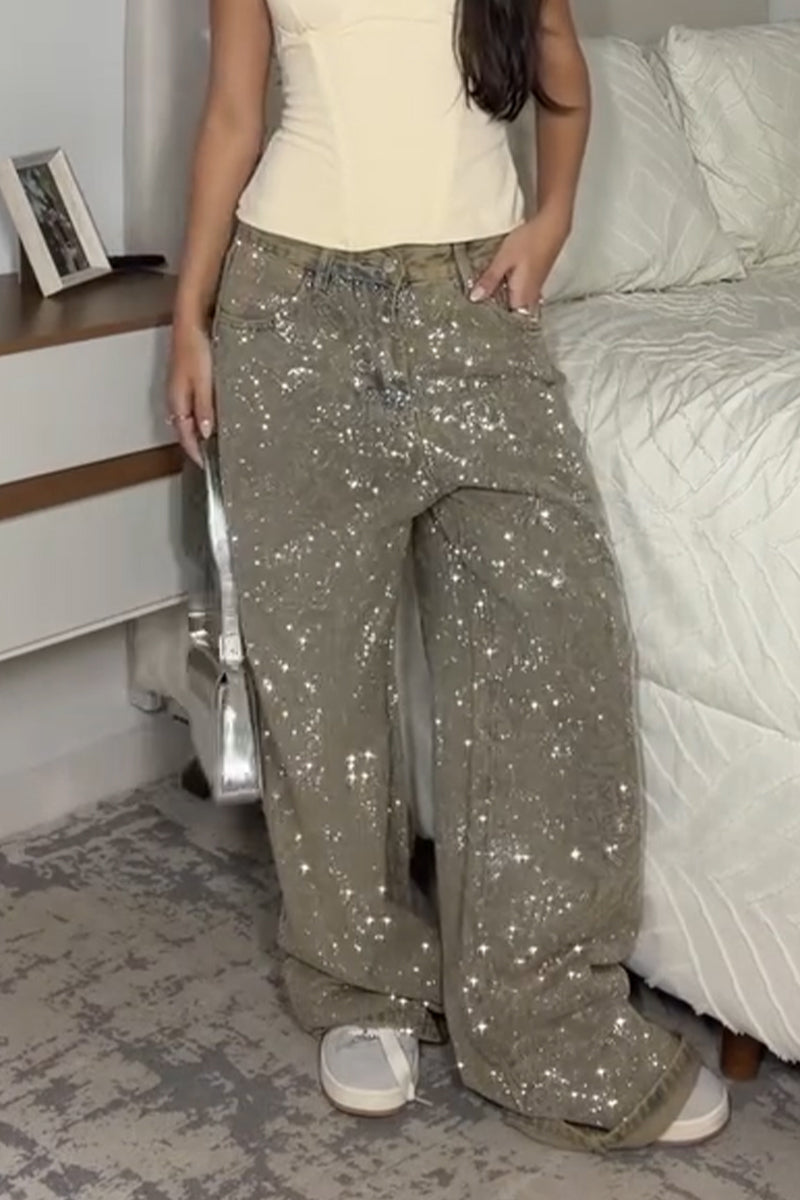 Women Make Vintage Glitter Casual Wide Leg Jeans