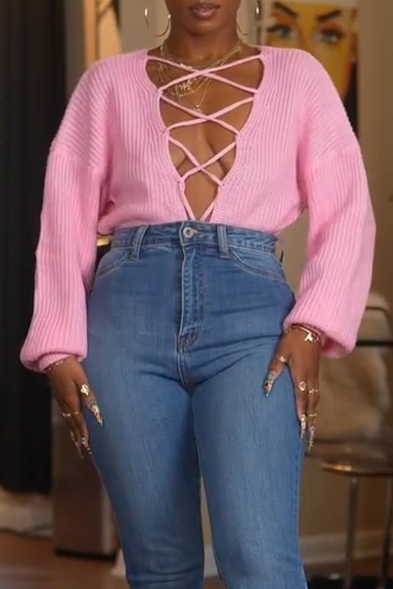 Women's Casual Hollowed Out Cross Knitted Top or Spliced Flared Jeans