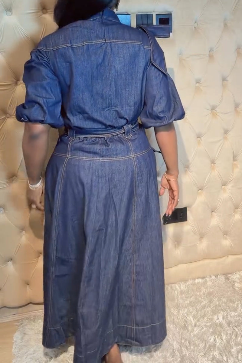 Women's Round Neck Waist Cinched Casual Denim Dress