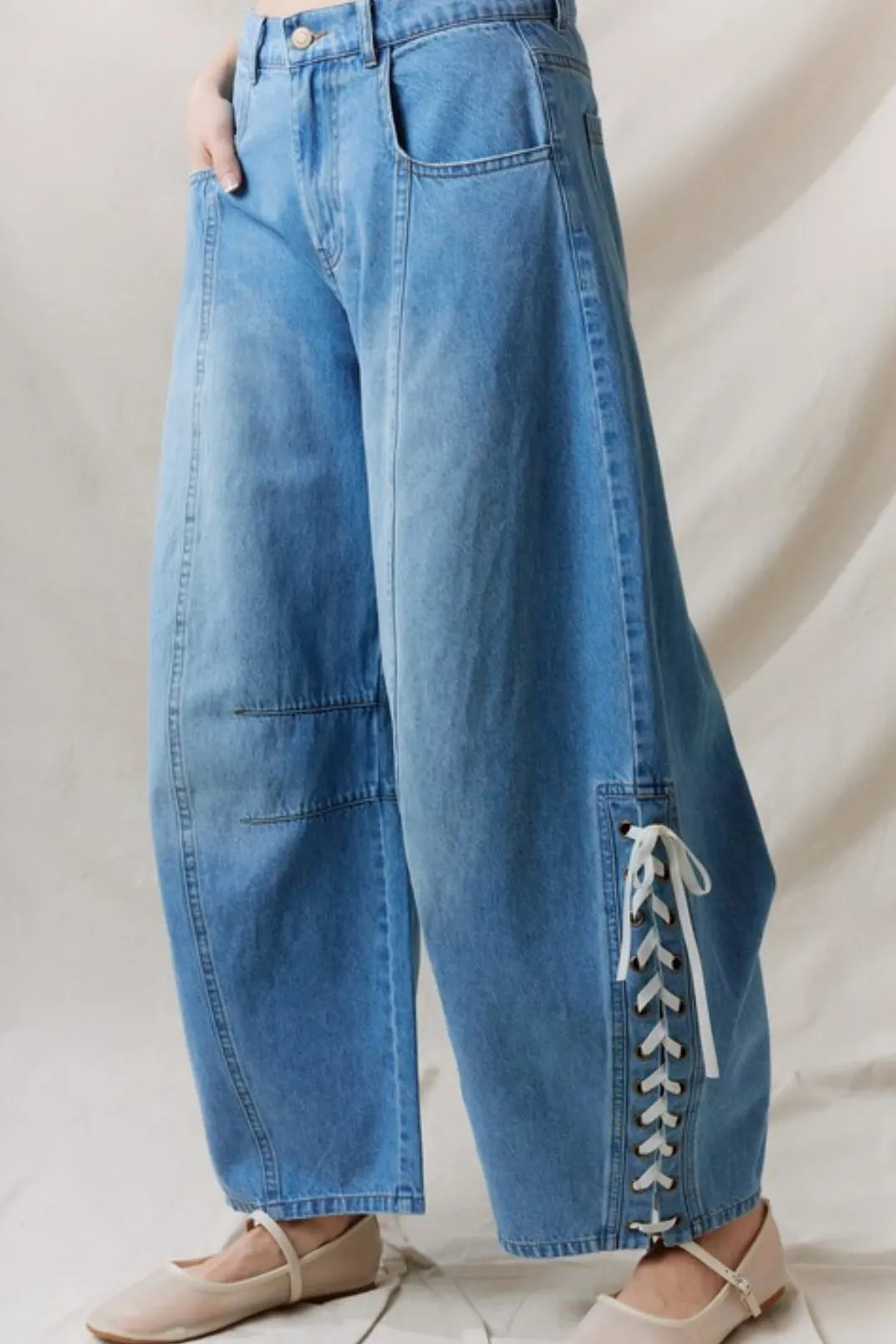 Women's Casual Lace Up Loose Barrel Jeans