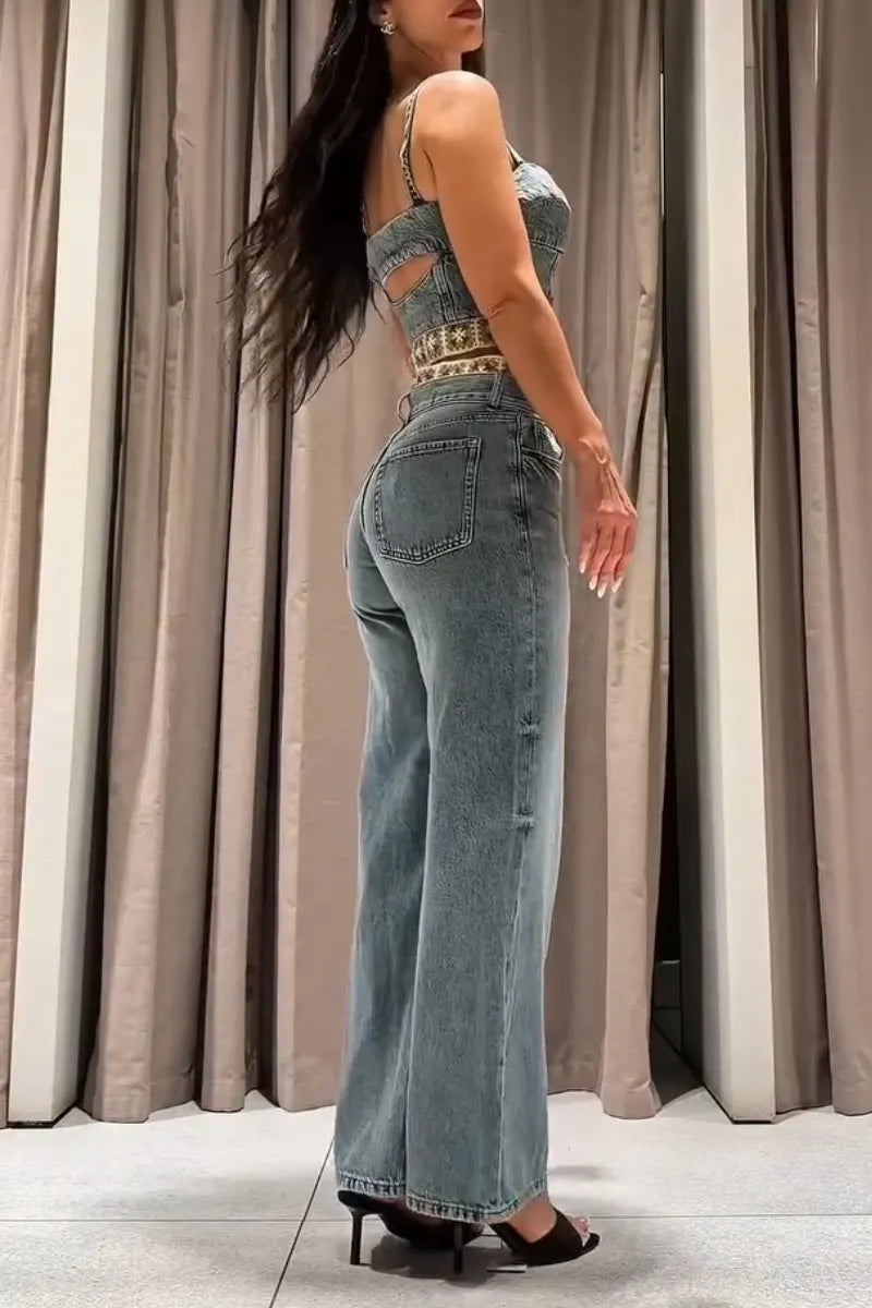 Women Sexy Casual Camisole Patchwork Top or Washed Wide Leg Jeans