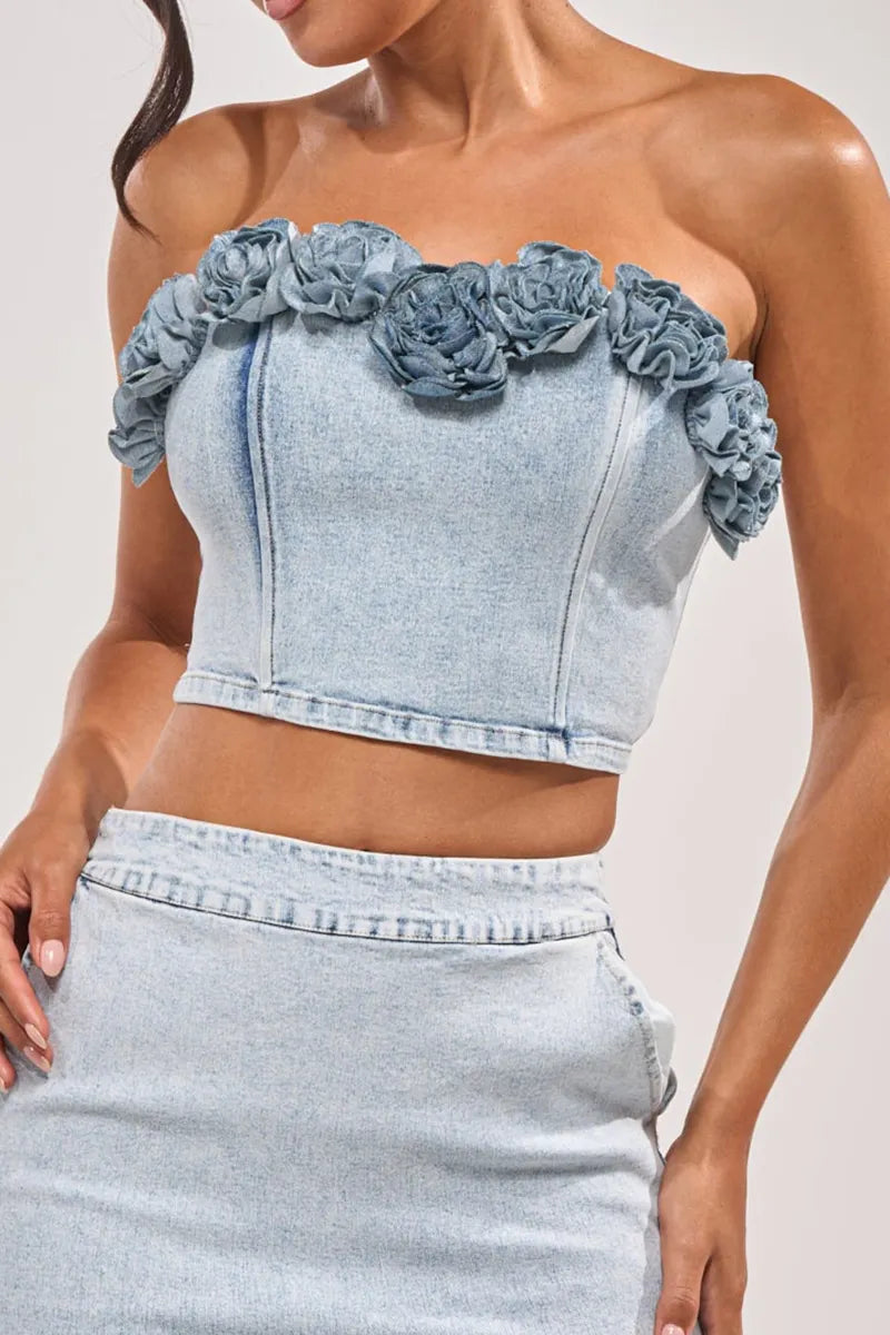 Women's Floral Strapless Cropped Denim Top Or Fitted Denim Mini Skirt With Ruffled Hem
