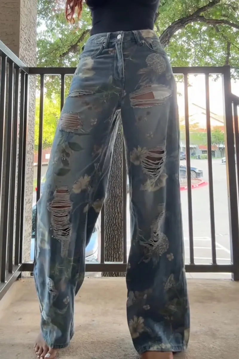 Women Printed Ripped Water Washed Casual Wide Leg Jeans