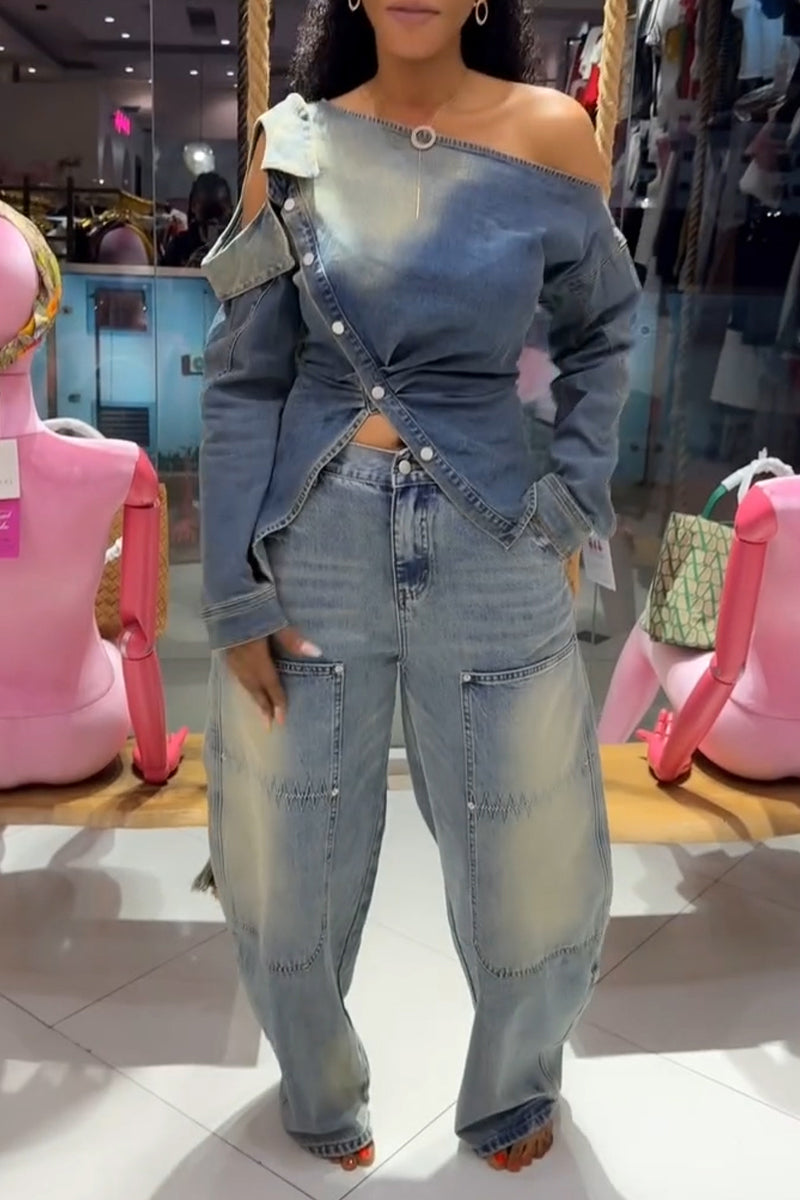 Women's Fashion Lapel Button Asymmetric Denim Top or Jeans