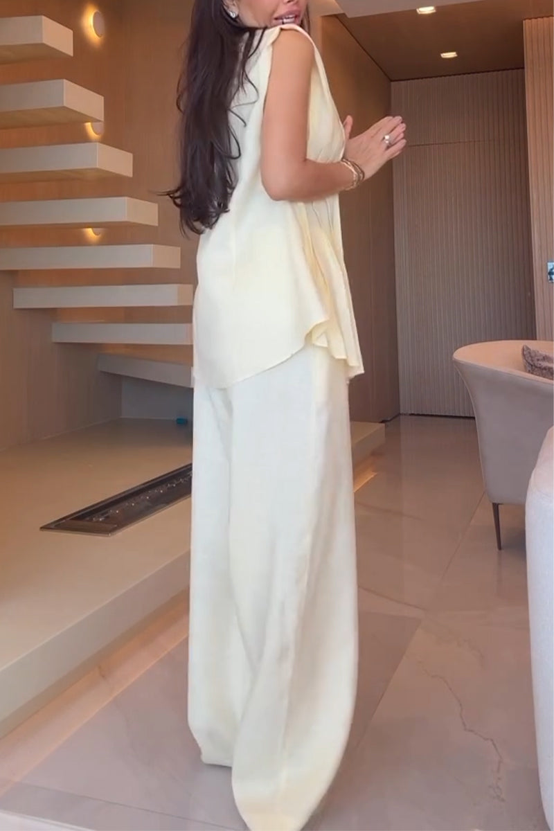 Women's V-neck Pleated Sleeveless Top and Pants Elegant Casual Suit