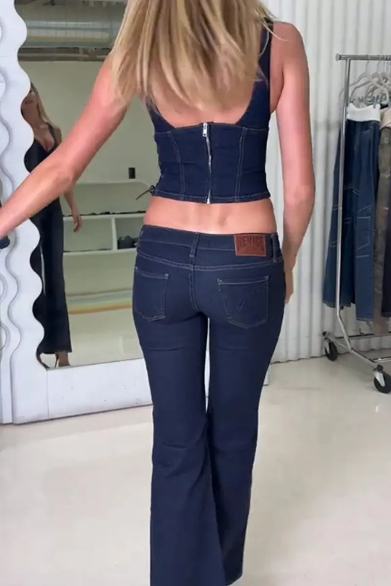 Women's Casual Side Lace Up Cropped Denim Vest Top Or Wide Leg Jeans