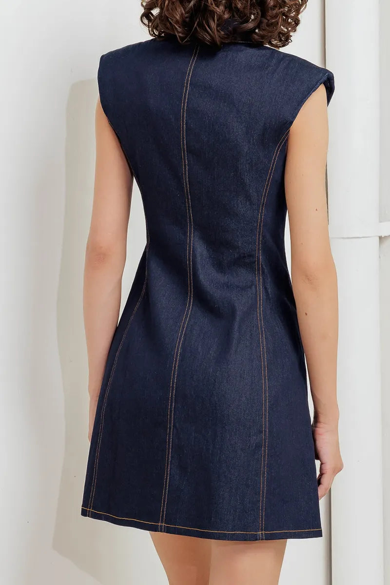Women's Elegant Button Front Sleeveless Cropped Denim Dress