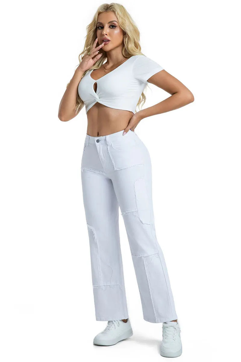Casual Stretch Panel Raw Hem Wide Leg Jeans
