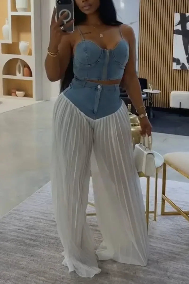Women Camisole Denim Top or Patchwork Pleated Pants Casual Set