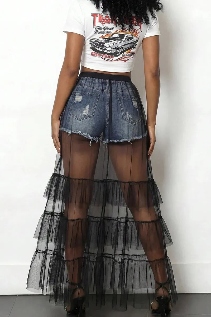 Women's Casual Mesh Panel Denim Shorts