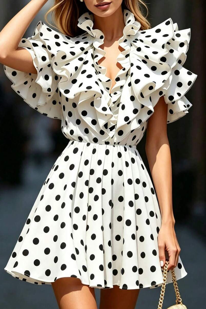 Women's V-neck Waist Cinched Patchwork Polka Dot Print Elegant Temperament Dress