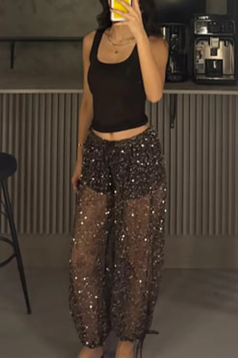 Women's Drawstring Patchwork Sequin See Through Casual Pants