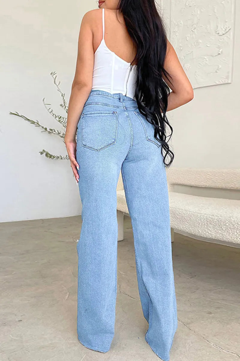 Women's Casual Ripped Washed Raw Wide Leg Jeans