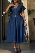 Women V-neck Breasted Waist Cinched Elegant Casual Denim Dress