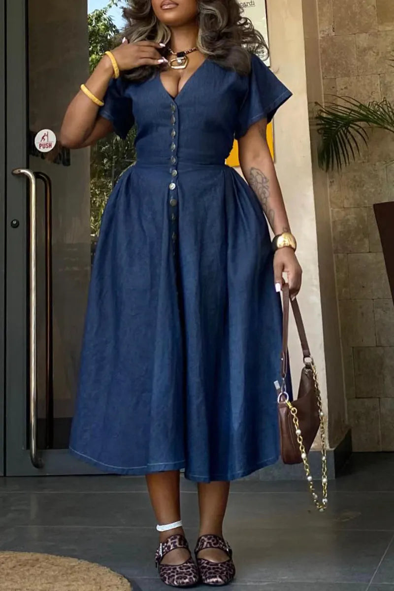 Women V-neck Breasted Waist Cinched Elegant Casual Denim Dress
