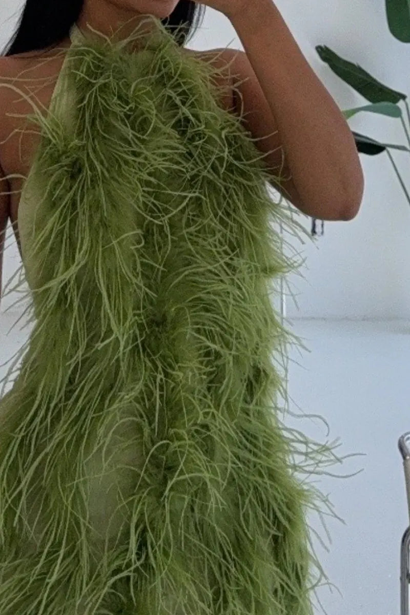 Women Halter Neck Fluffy Feather Bodycon Mini Dress