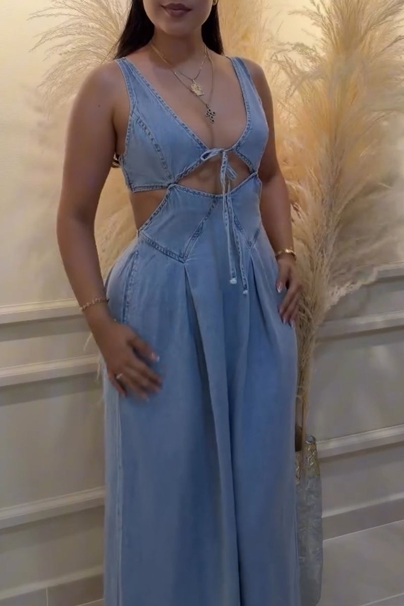 Women's Casual Waist Cut-Out Denim Wide Leg Jumpsuit
