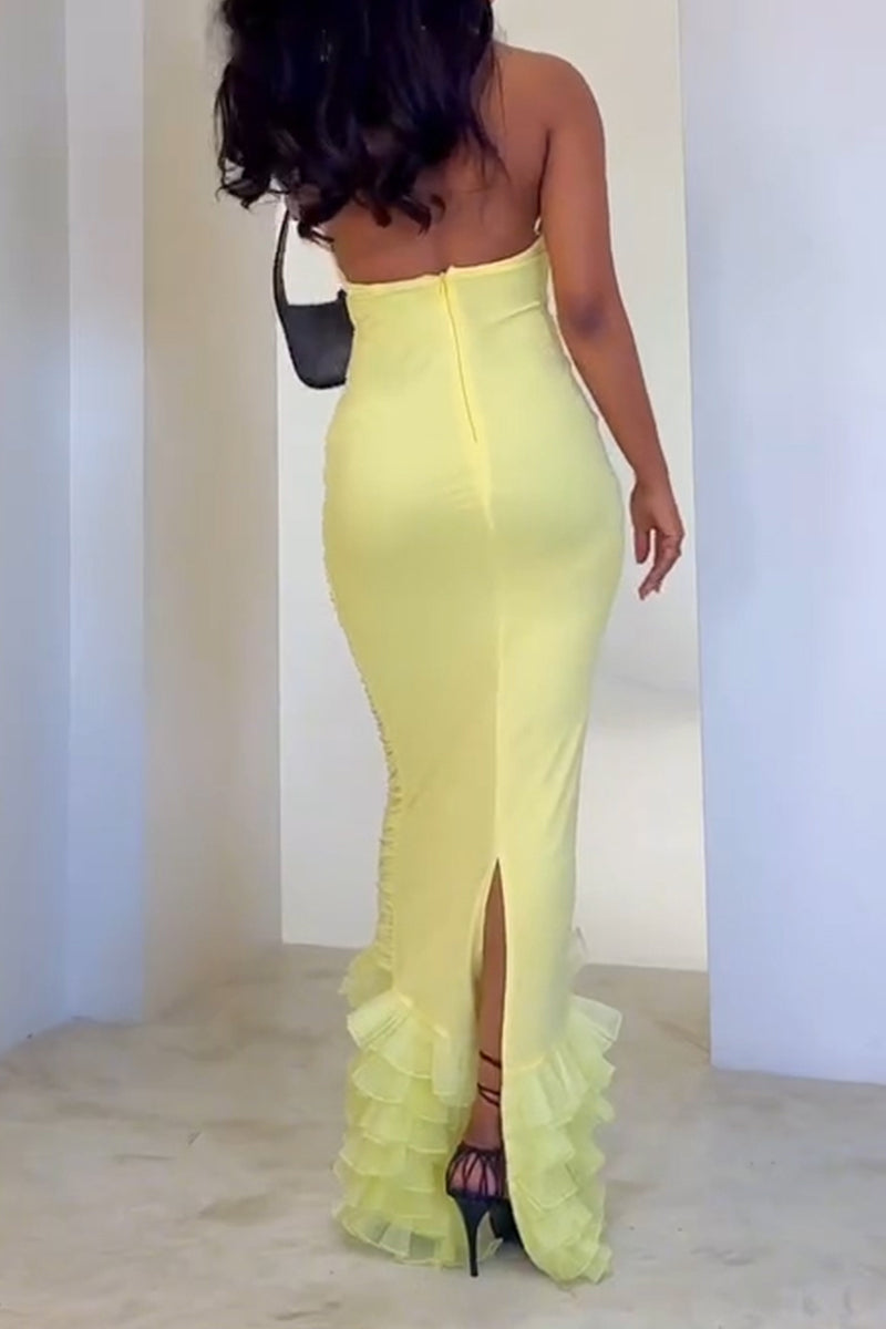 Women's Elegant Slim Pleated Ruffle Hem Maxi Dress